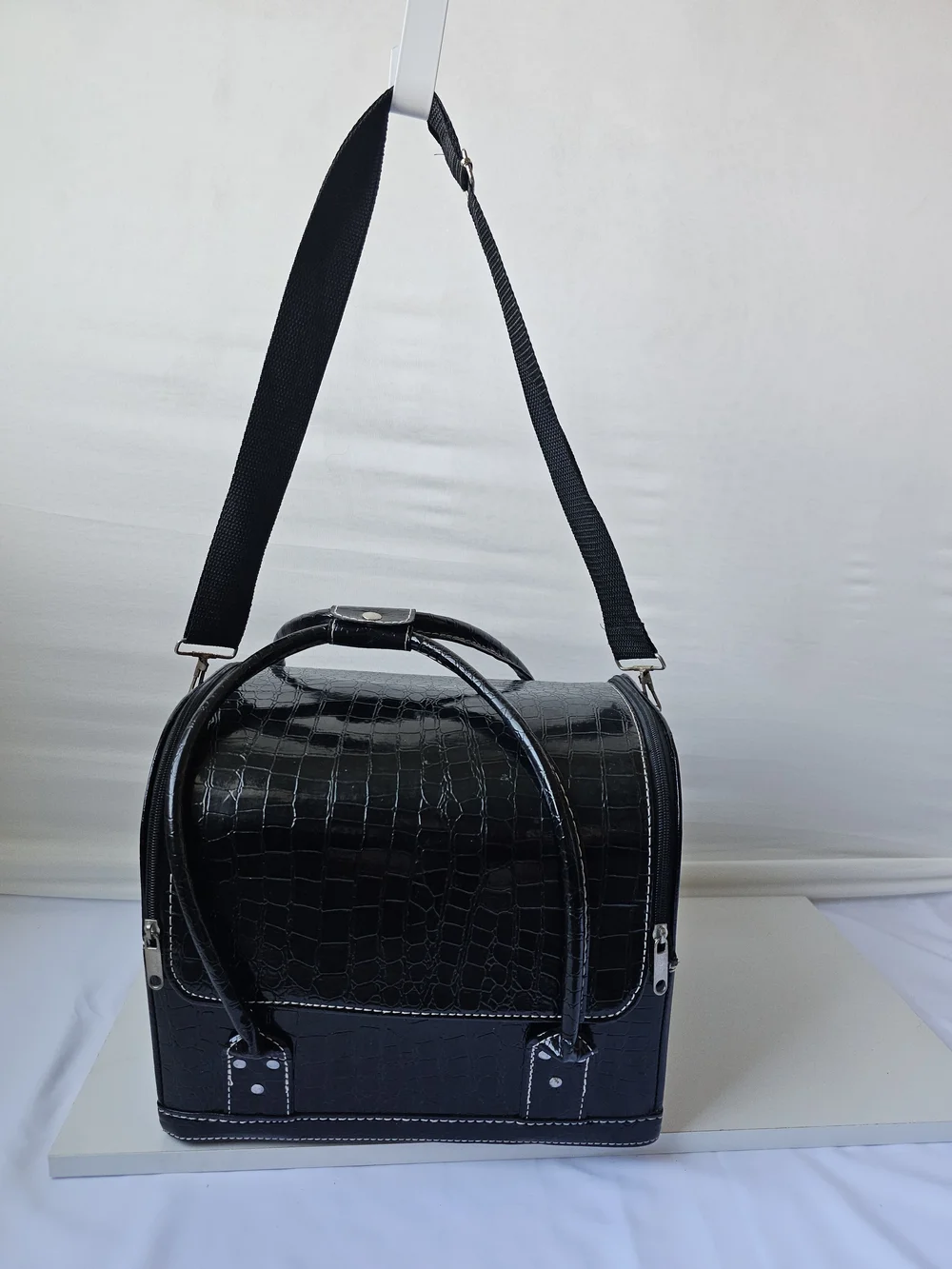 Black Faux Croc Cantilever Makeup Train Case Vintage Style Travel Vanity Bag